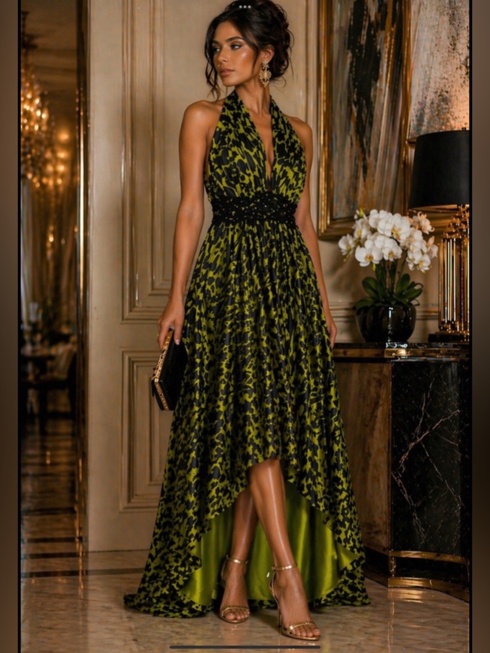 VTG Dusk Collection By Sheila Yen Silk Halter High Low Dress Chartreuse & Black